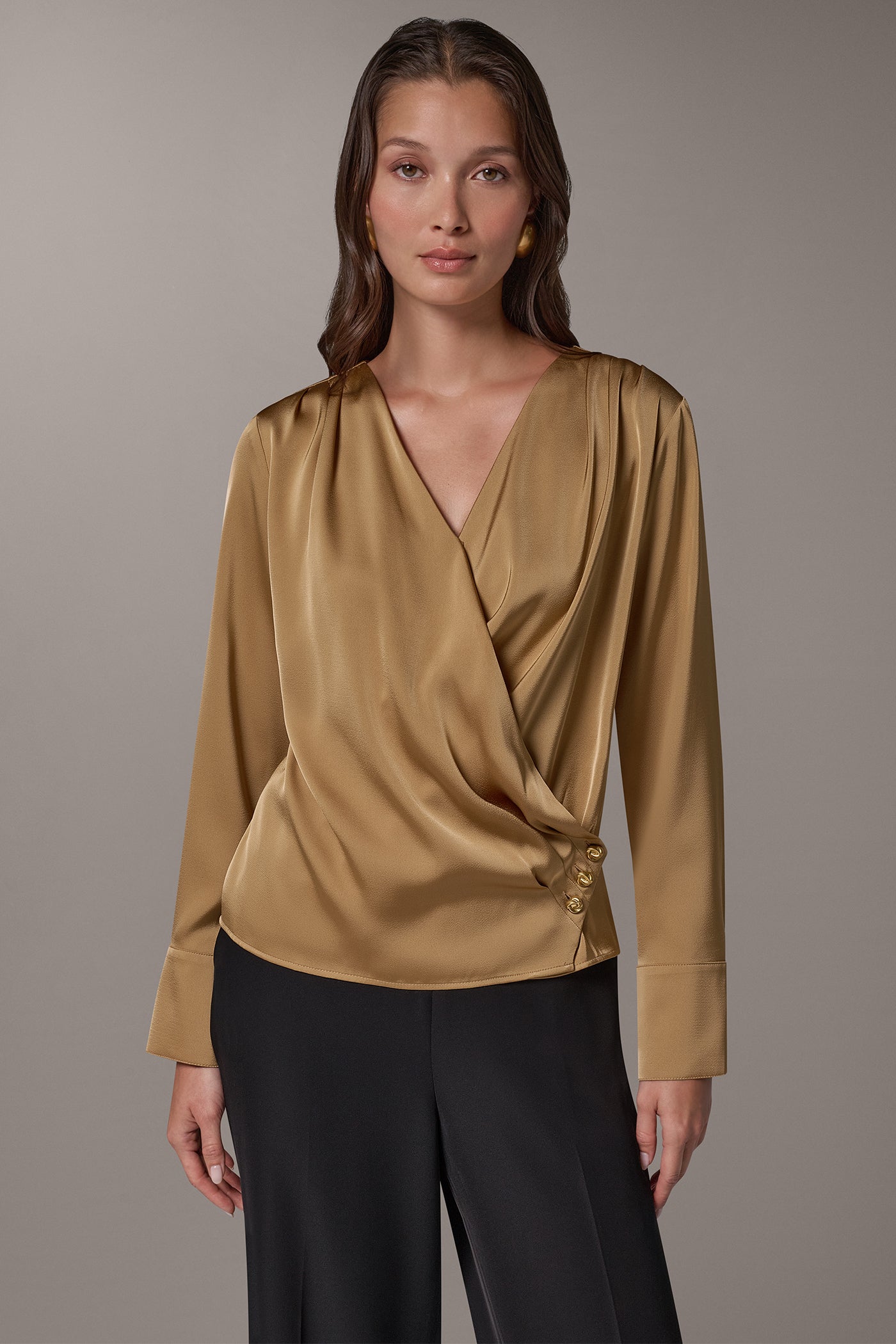 SATIN WRAP-EFFECT V-NECK TOP VIEW 1