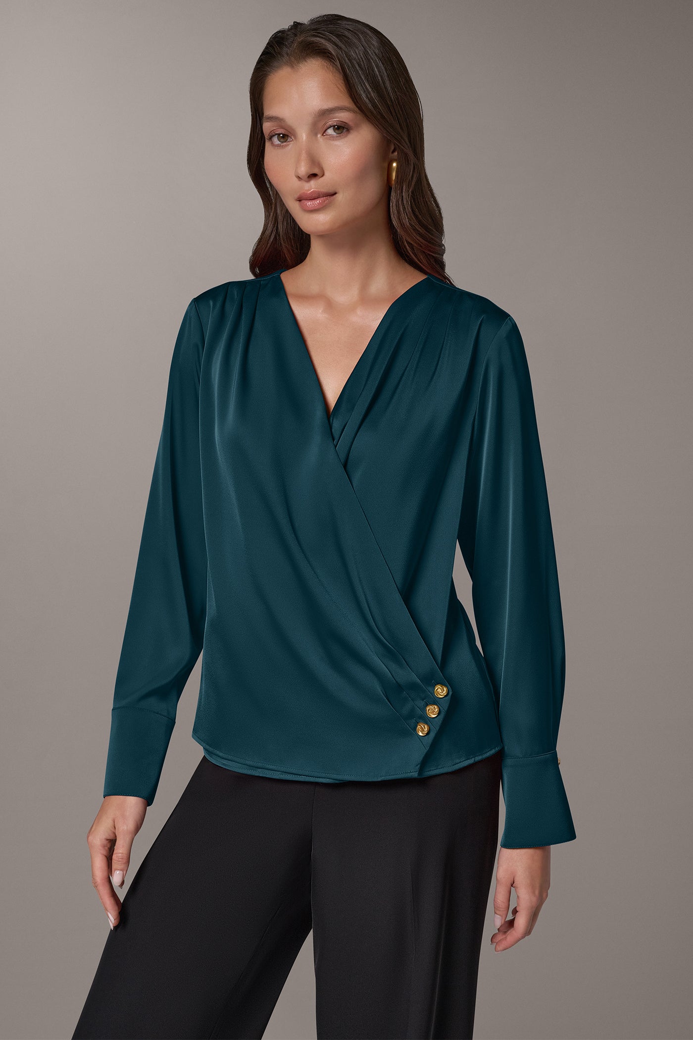 SATIN WRAP-EFFECT V-NECK TOP VIEW 1