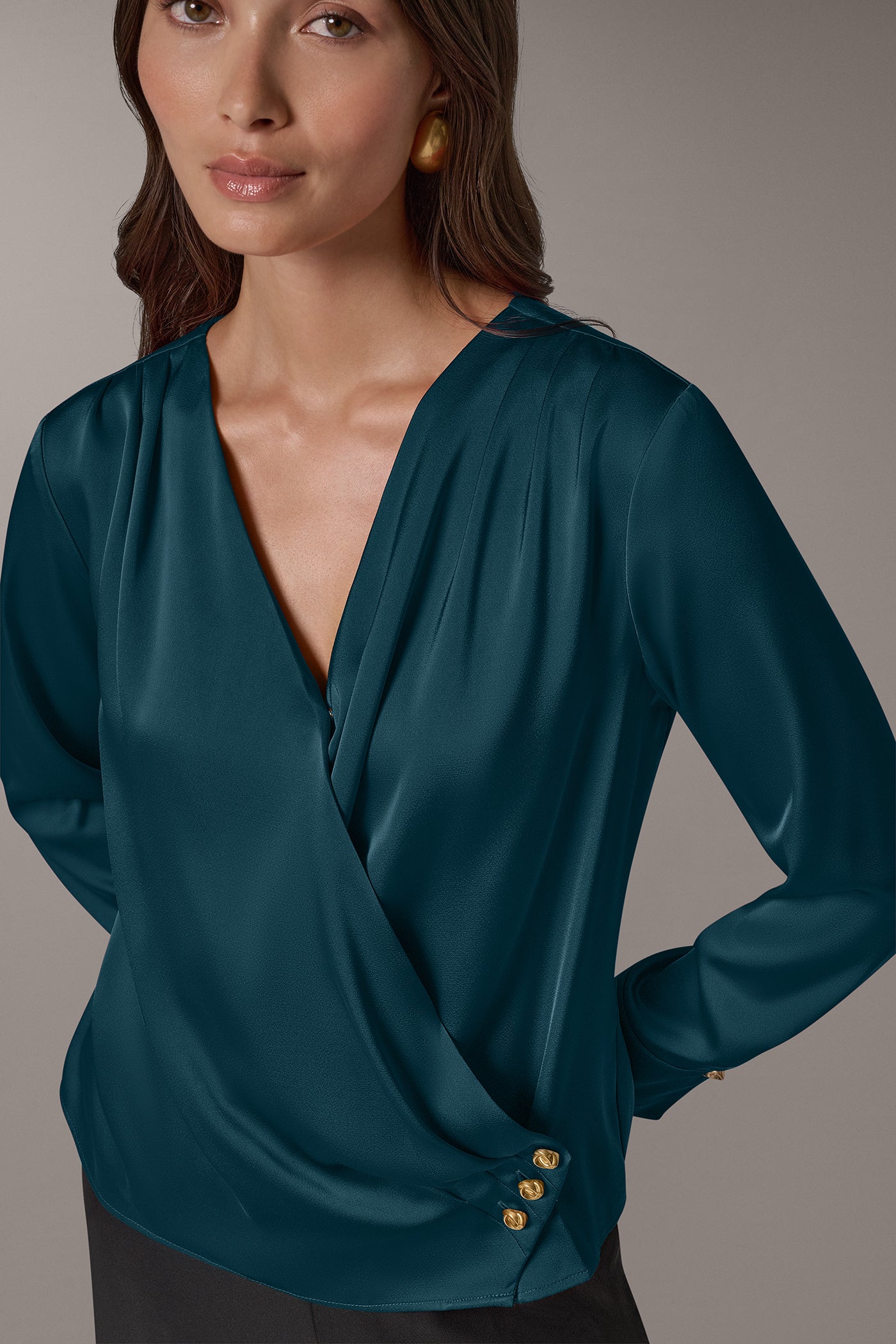 SATIN WRAP-EFFECT V-NECK TOP VIEW 2