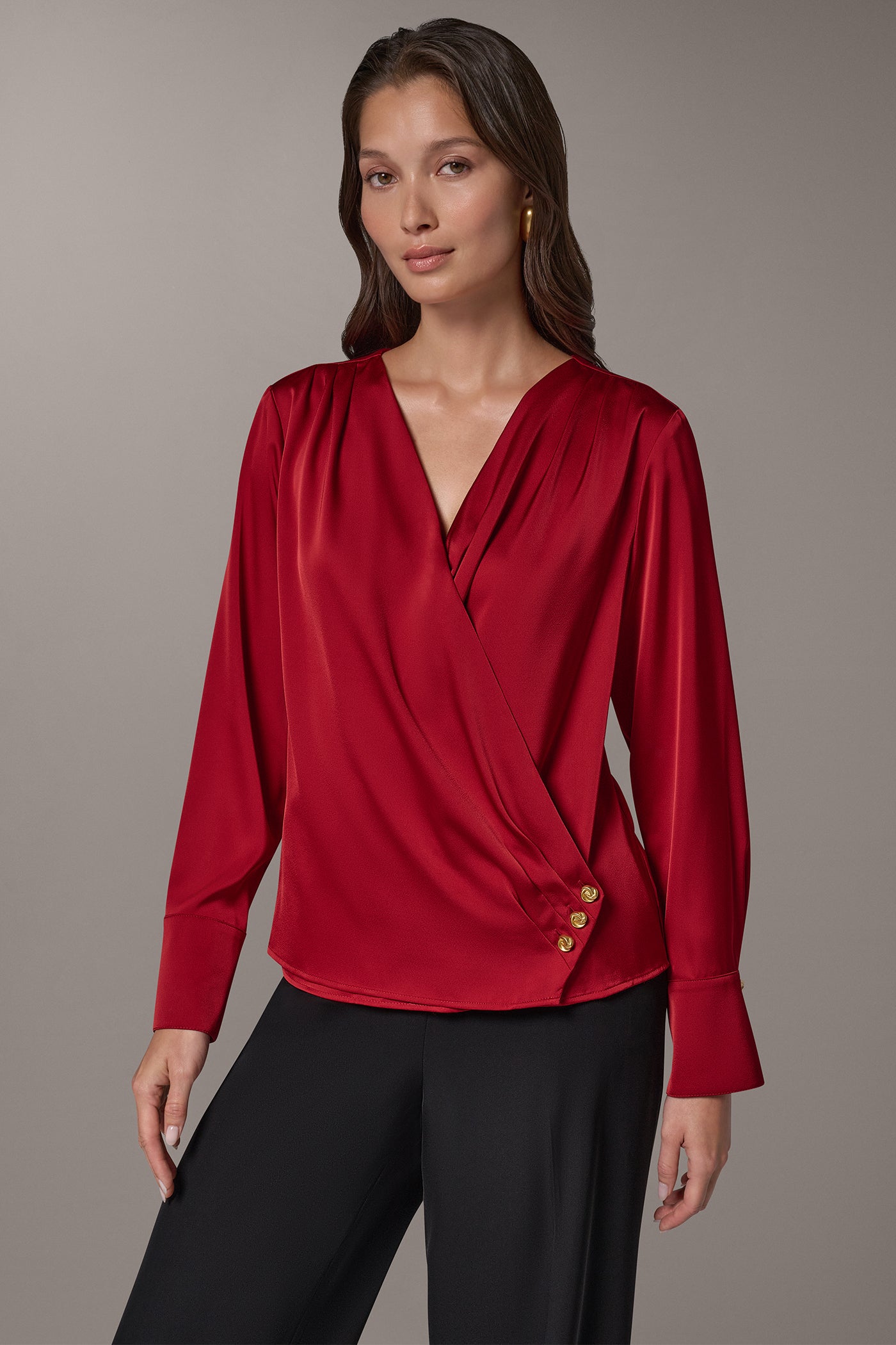 SATIN WRAP-EFFECT V-NECK TOP VIEW 1