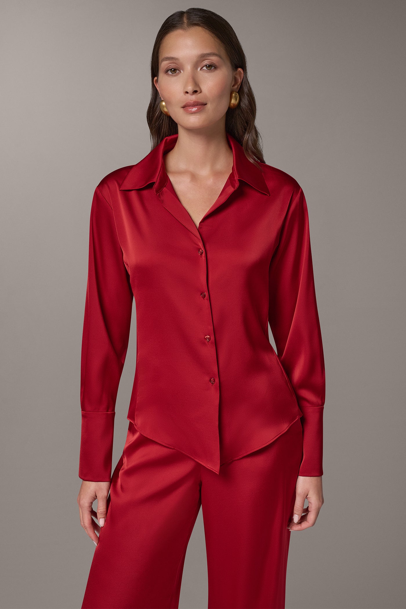 SATIN V-NECK BUTTON FRONT BLOUSE VIEW 1