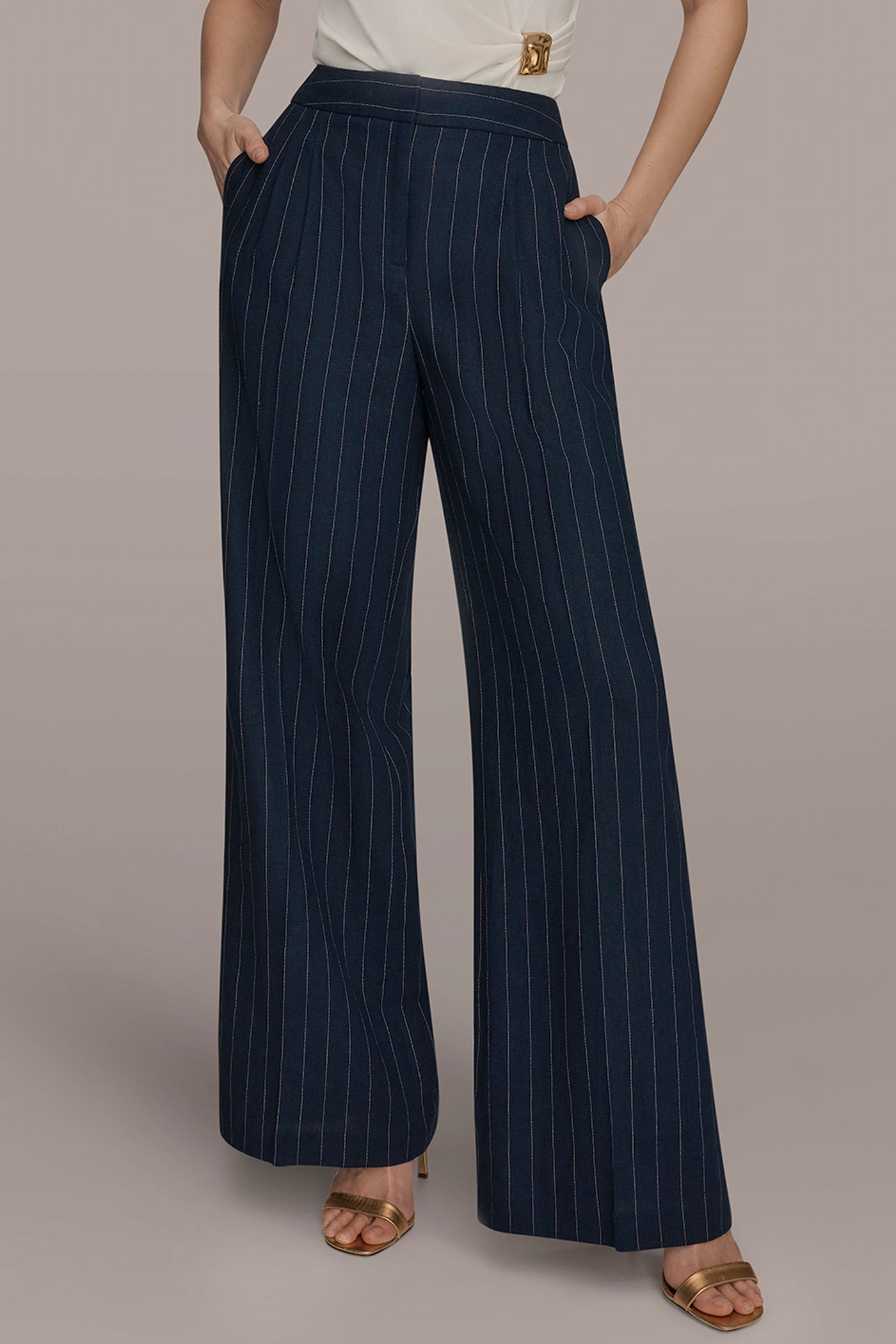 LINEN-BLEND MID-RISE PINSTRIPE WIDE-LEG SUIT PANT | View 1 | Matching Sets