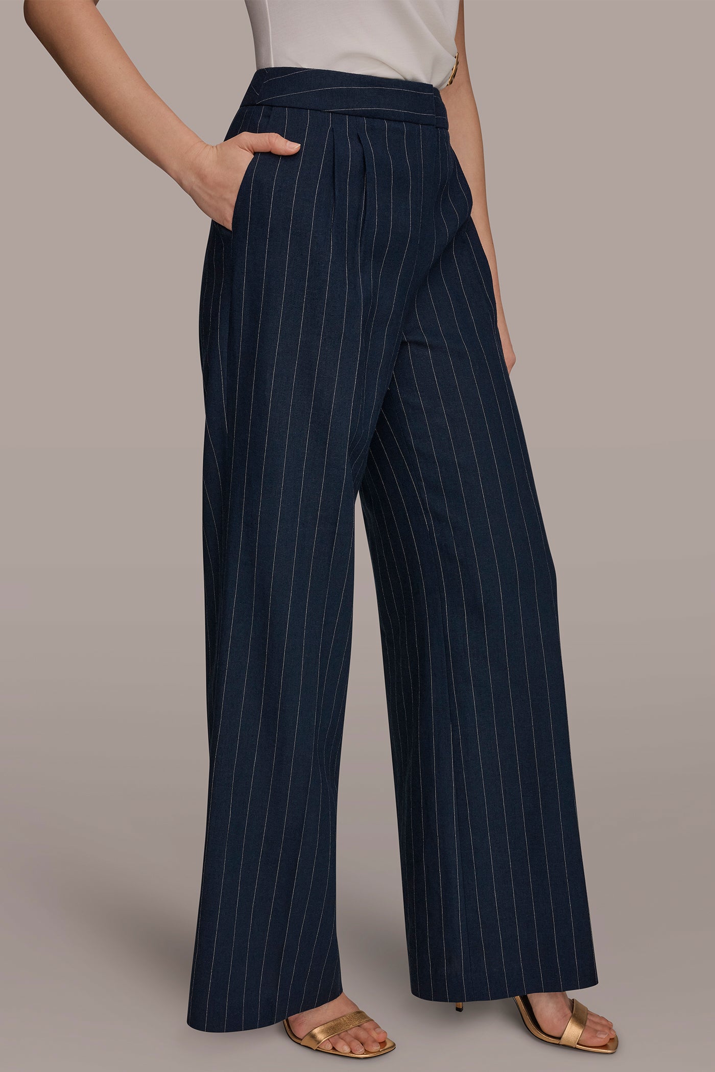 LINEN-BLEND MID-RISE PINSTRIPE WIDE-LEG SUIT PANT VIEW 3 | Matching Sets