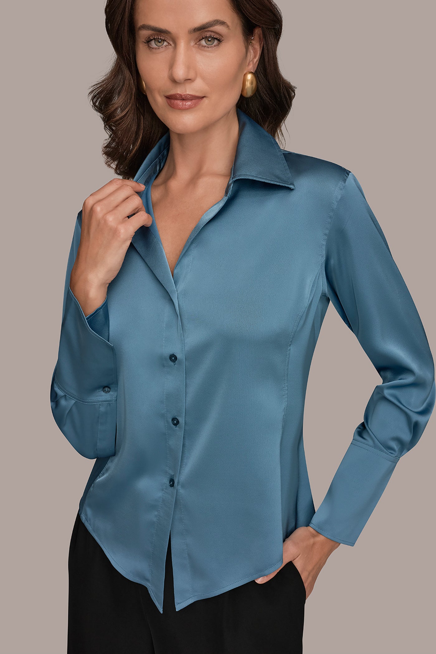 dress shirt blouse Women's Fitted Shirts - Blue Label Collection casual outings Satin High Low Blouse |