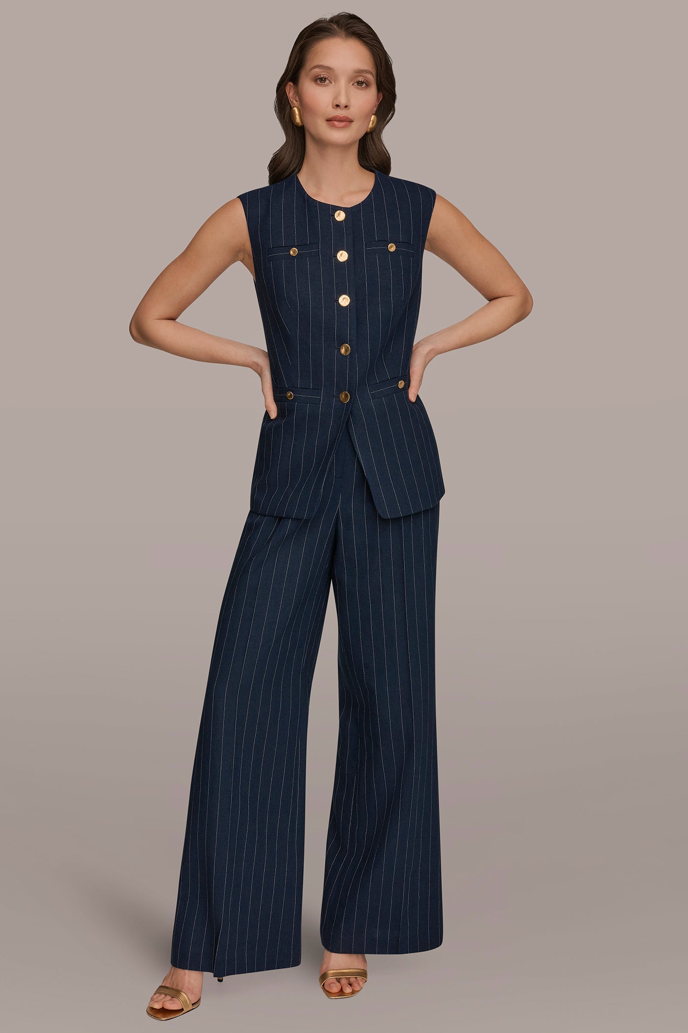 LINEN-BLEND PINSTRIPE LONGLINE VEST VIEW 6 | Matching Sets