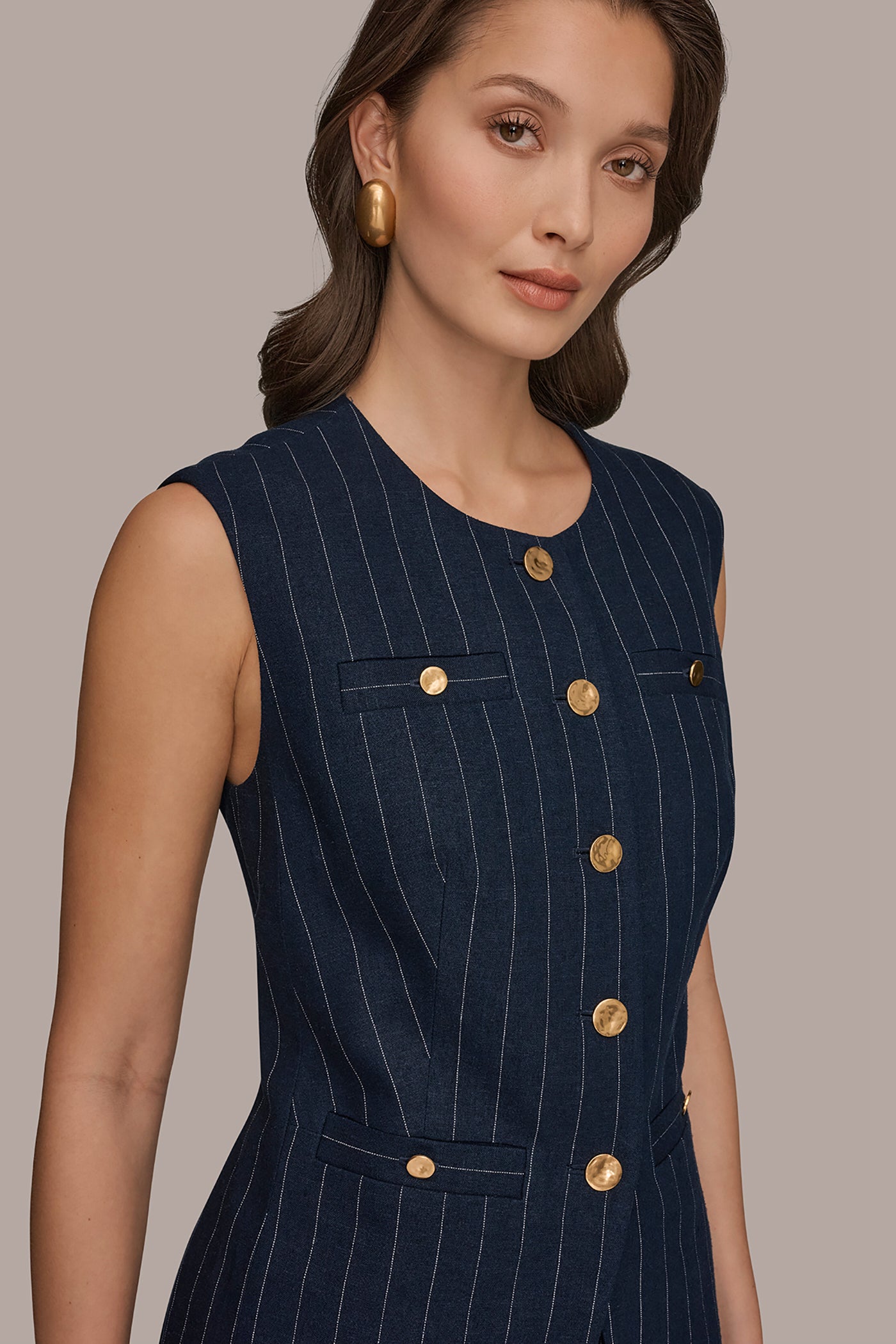 LINEN-BLEND PINSTRIPE LONGLINE VEST VIEW 4 | Matching Sets