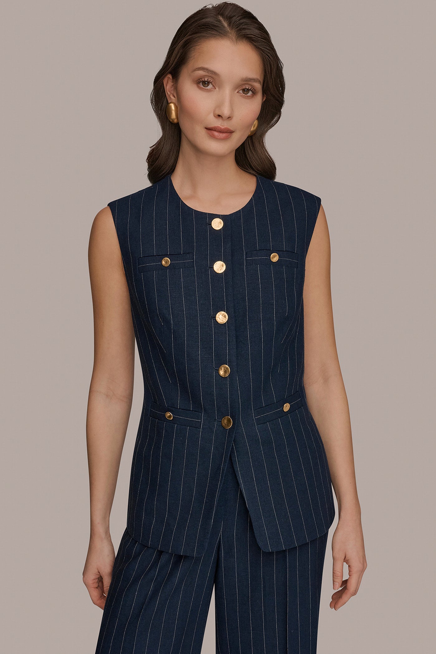 LINEN-BLEND PINSTRIPE LONGLINE VEST | View 1 | Matching Sets