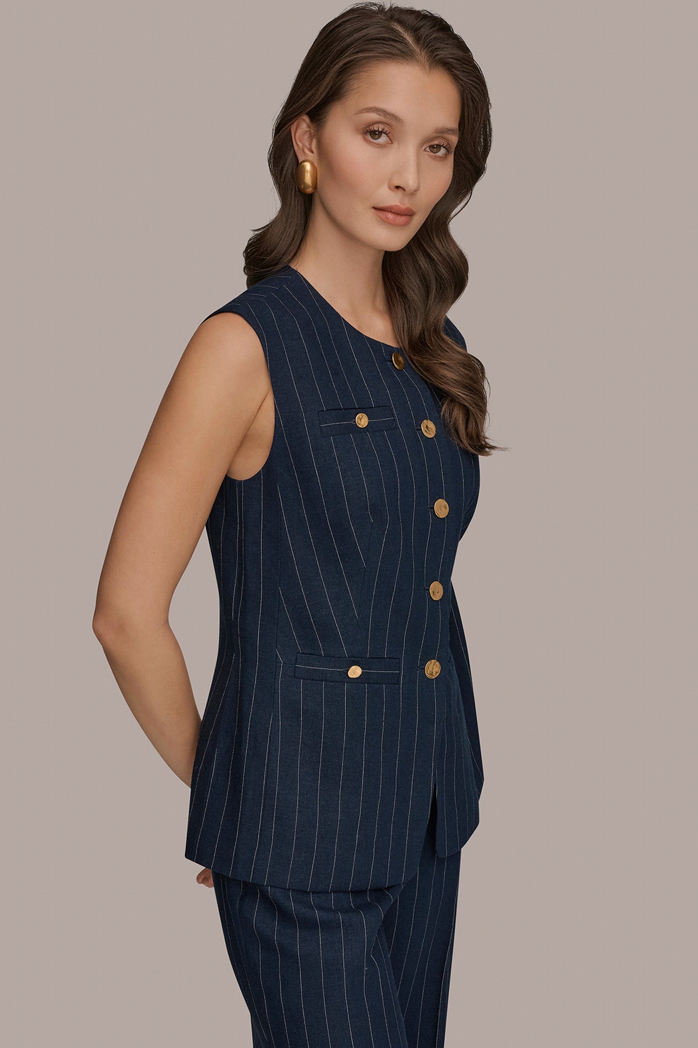 LINEN-BLEND PINSTRIPE LONGLINE VEST VIEW 3 | Matching Sets