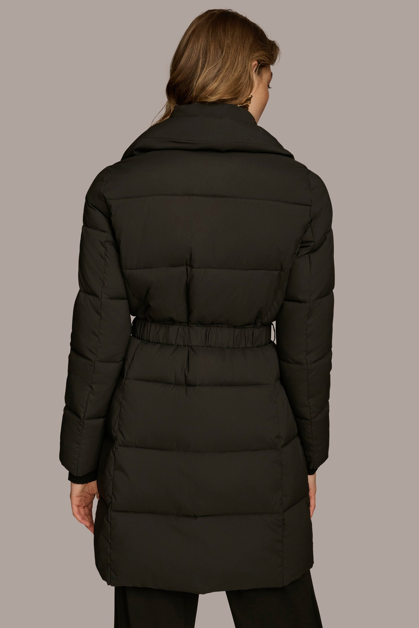 Long Hooded Bib Front Belted Puffer Coat VIEW 4 | Coats & Jackets