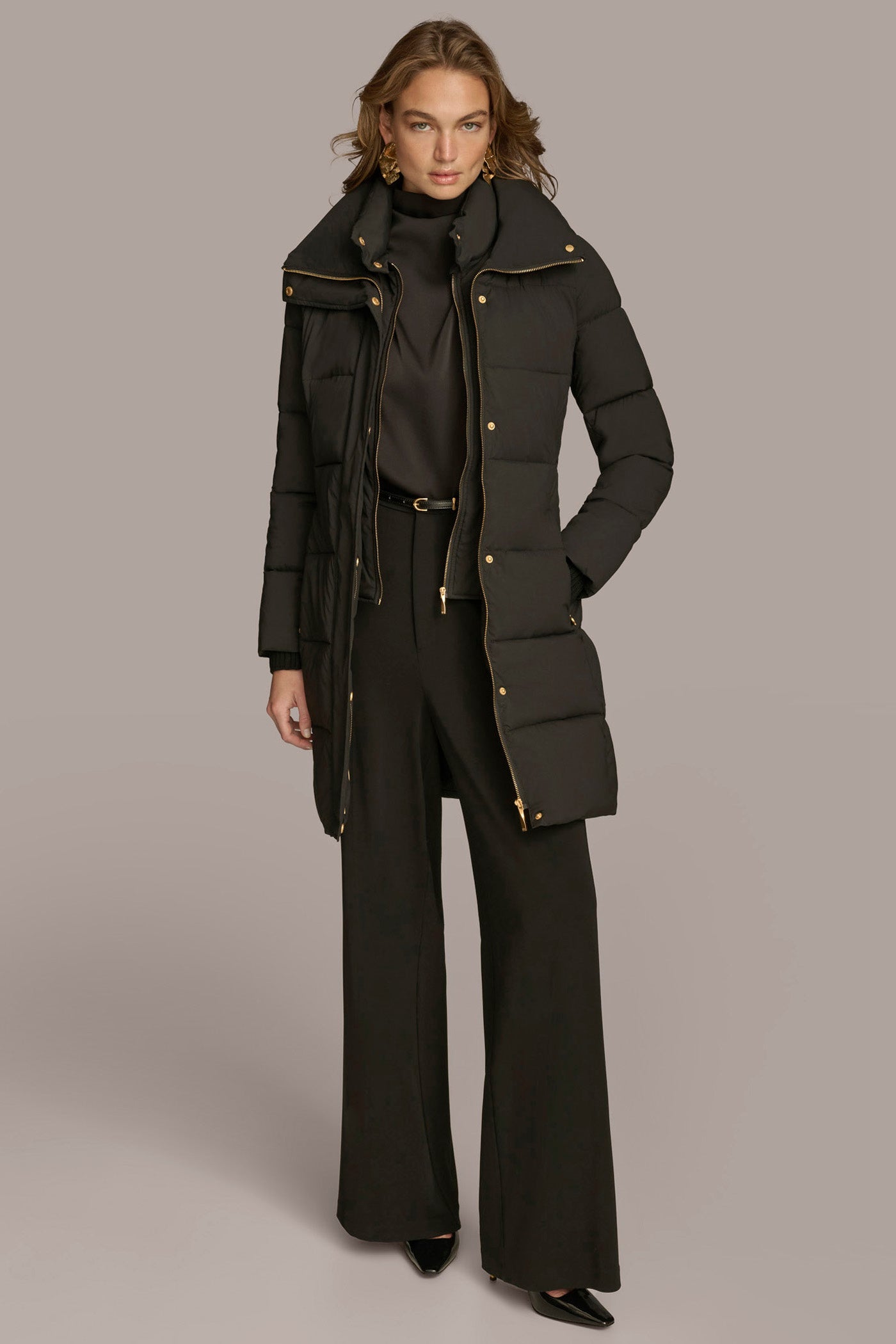 Long Hooded Bib Front Belted Puffer Coat VIEW 5 | Coats & Jackets