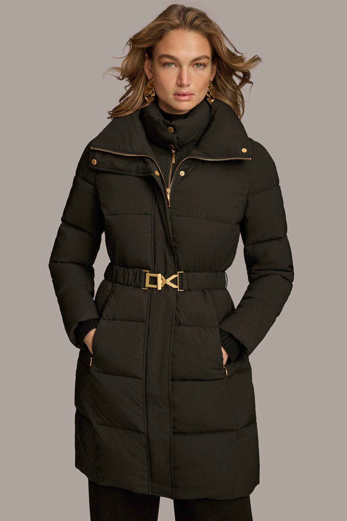 Long Hooded Bib Front Belted Puffer Coat | View 1 | Coats & Jackets