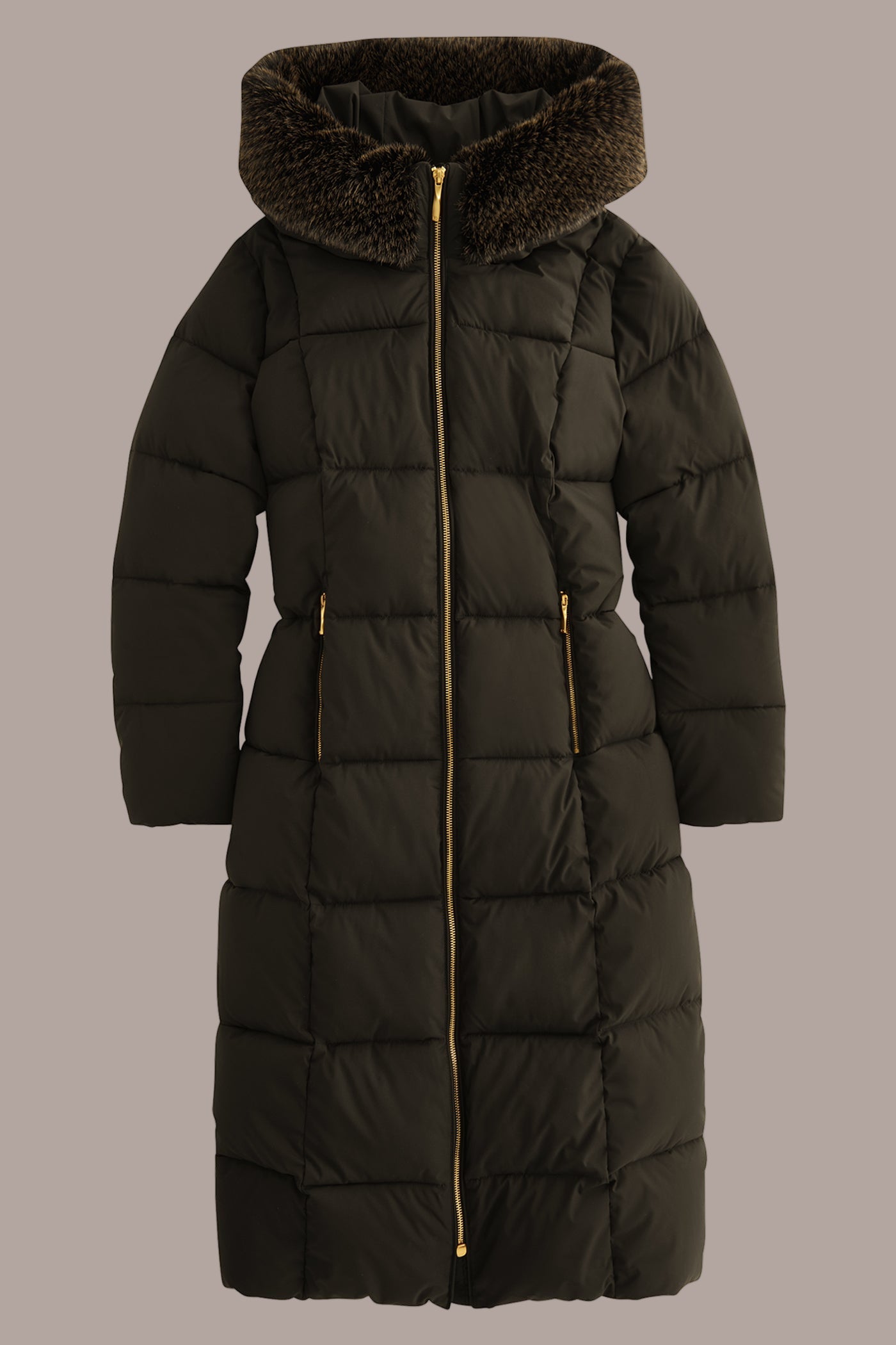 Long Hooded Puffer Coat with Faux Fur Trim VIEW 9 | Puffer Coats