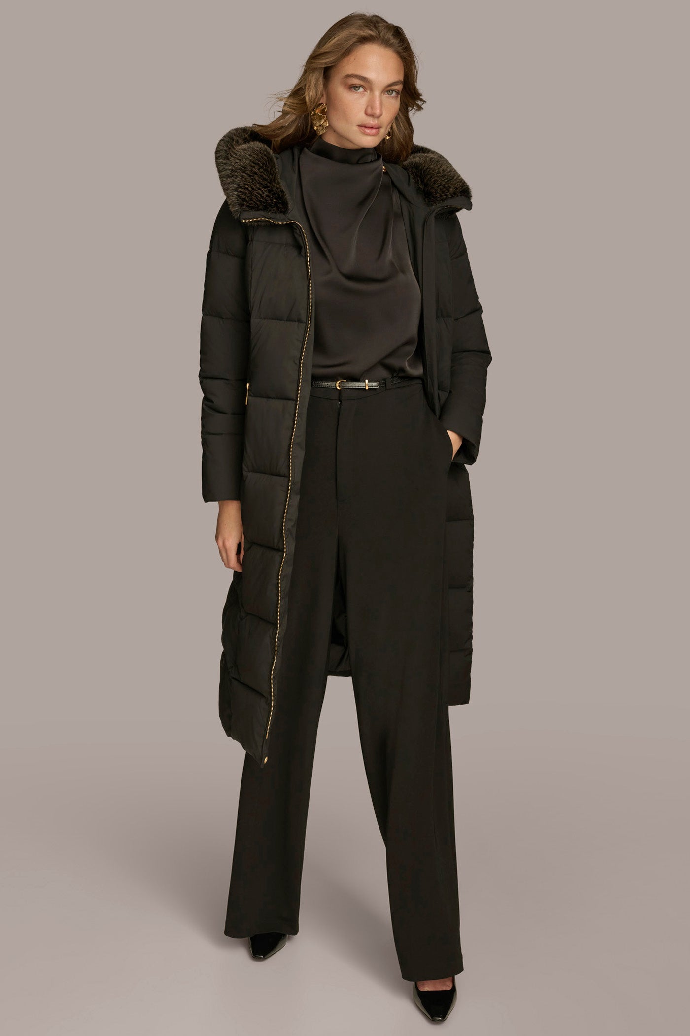 Long Hooded Puffer Coat with Faux Fur Trim VIEW 4 | Coats & Jackets