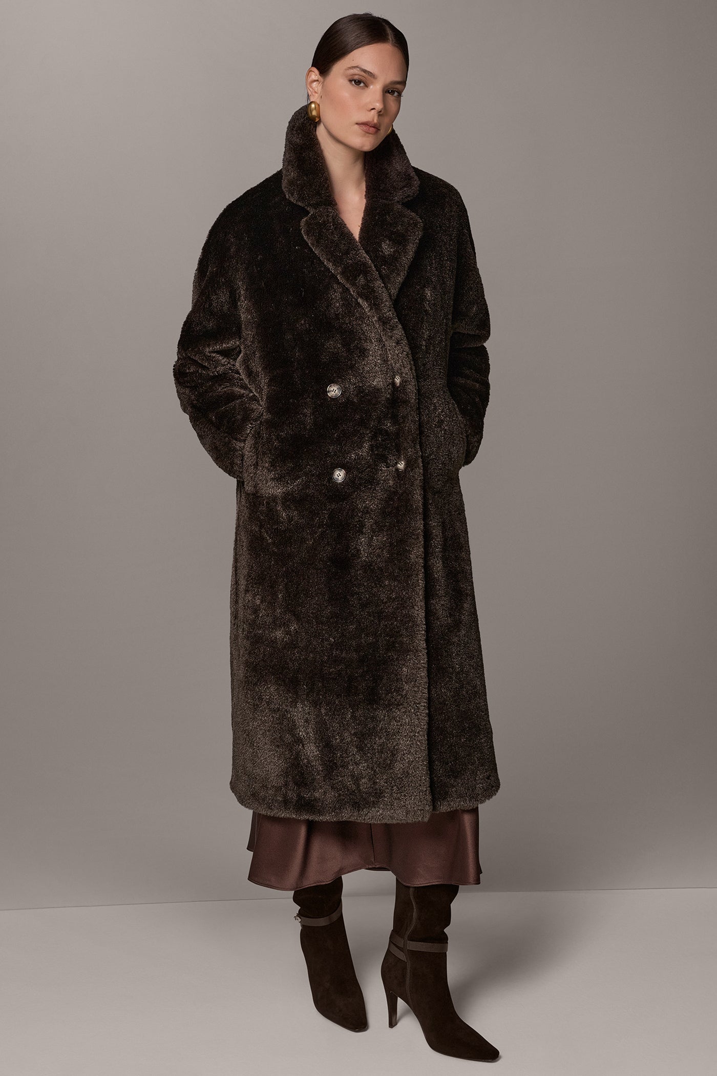 FAUX SHEEPSKIN DOUBLE-BREASTED MAXI COAT VIEW 10