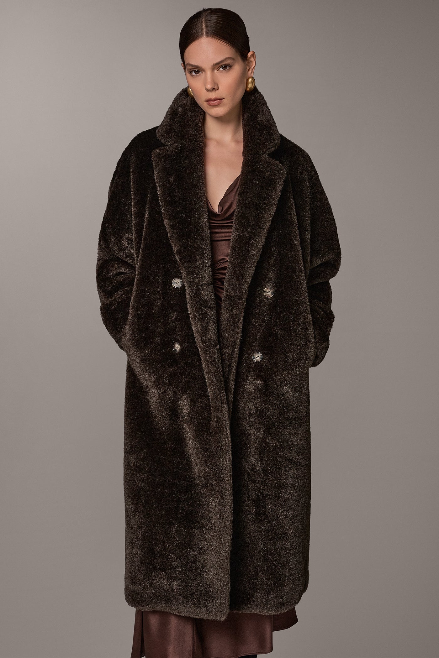 FAUX SHEEPSKIN DOUBLE-BREASTED MAXI COAT VIEW 1