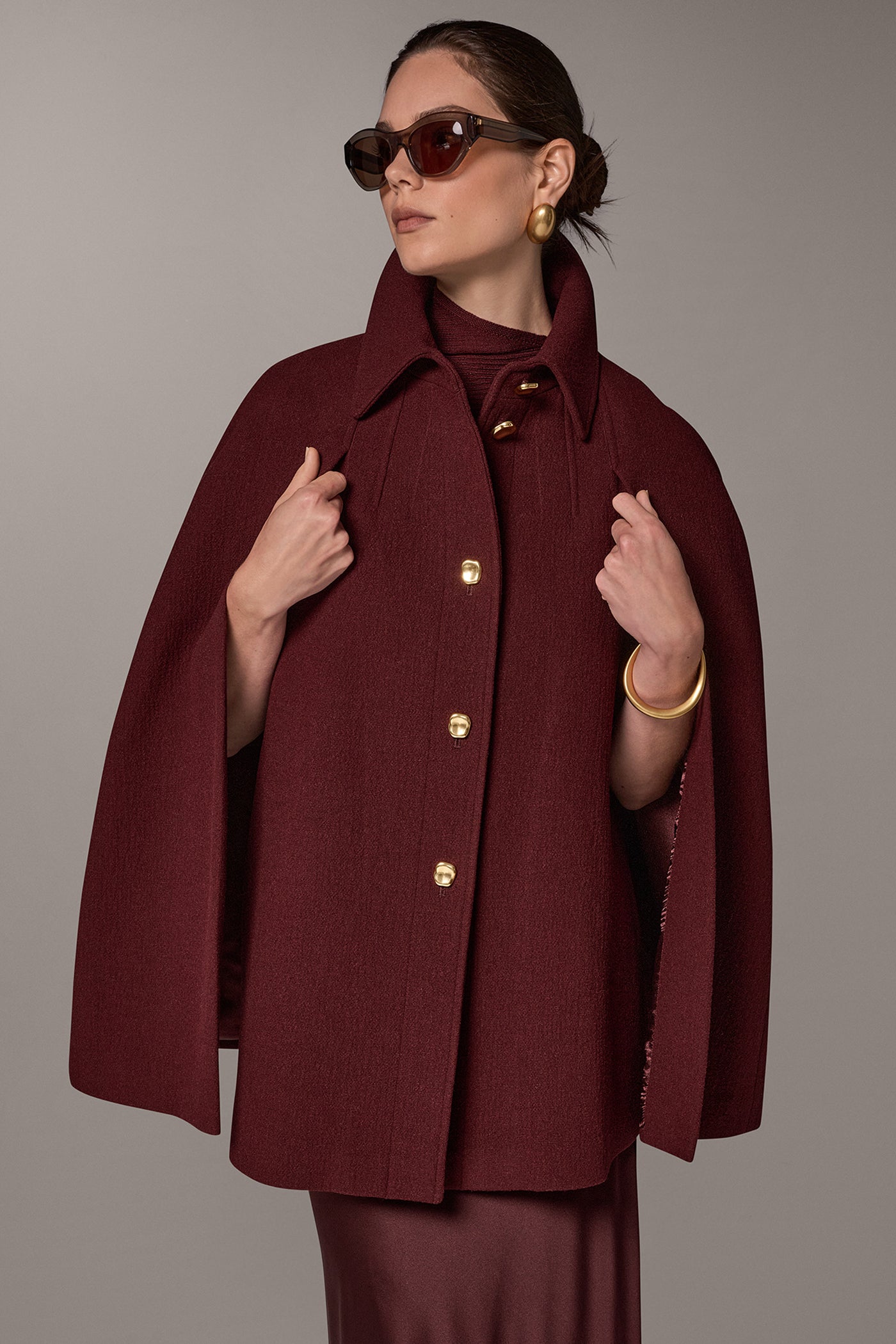 WOOL BLEND BUTTON FRONT CAPE VIEW 1