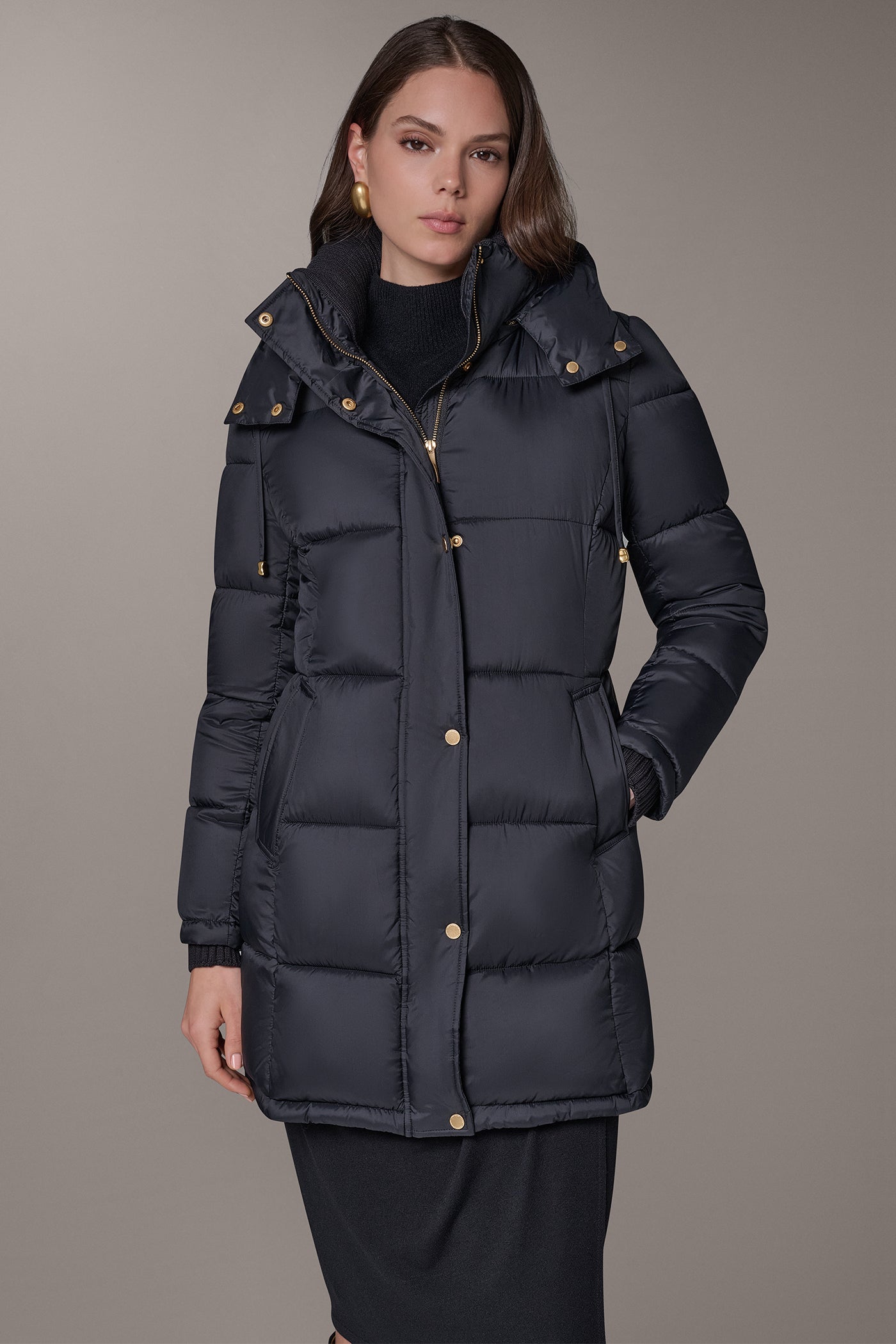 HOODED RIB TRIM PUFFER COAT