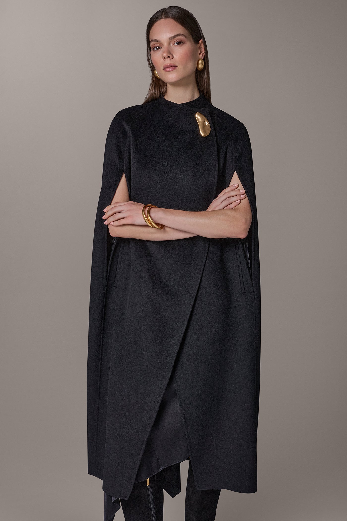 WOOL BLEND WRAP-EFFECT BUTTON CAPE VIEW 1