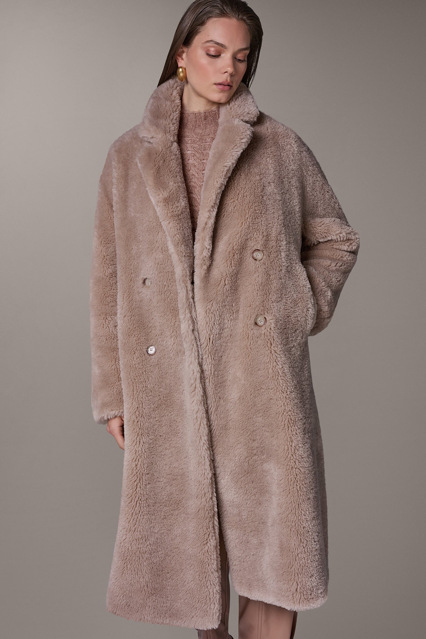 FAUX SHEEPSKIN DOUBLE-BREASTED MAXI COAT VIEW 1