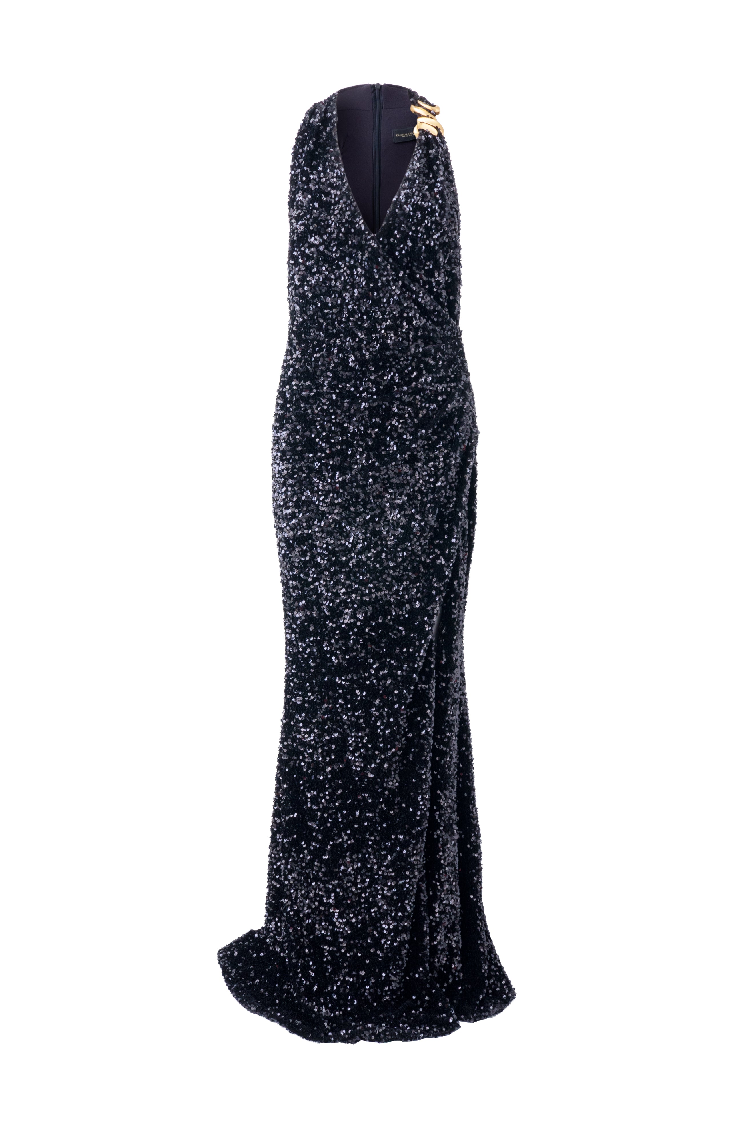 SEQUIN VELVET ASYMMETRIC HALTER GOWN (alternate view)